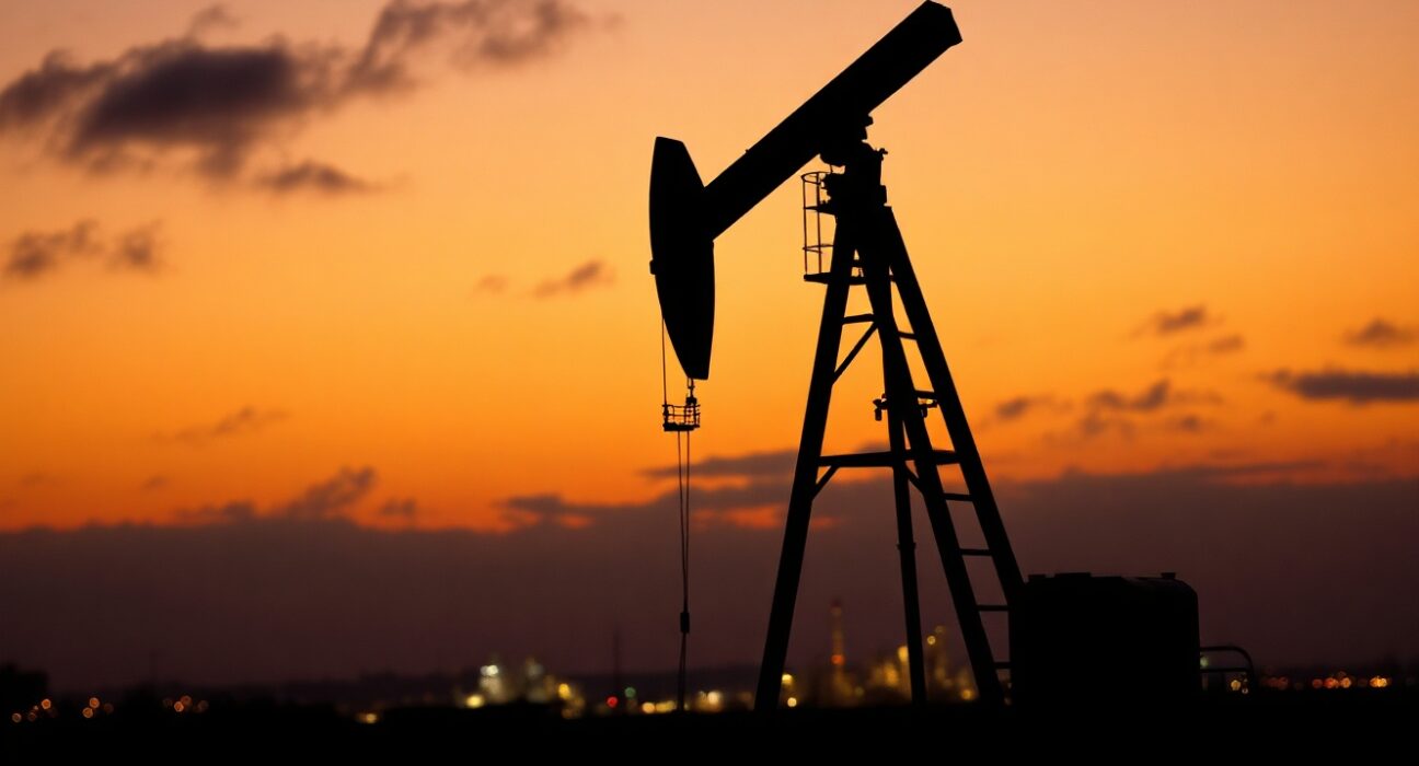 Oil pumpjack silhouetted against sunset sky, representing WTI crude price stability amid geopolitical risks.