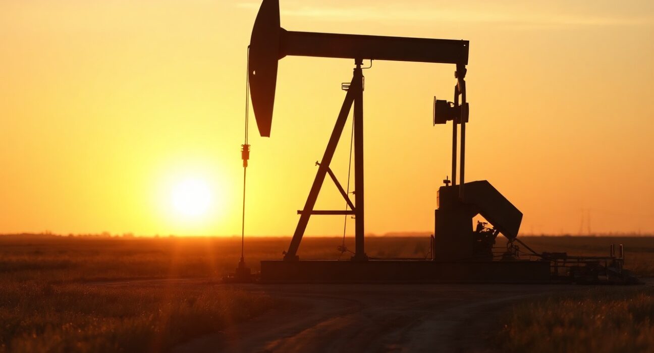 Oil pump jack in an open field at sunset, representing WTI crude price movements amid US-Iran tensions.