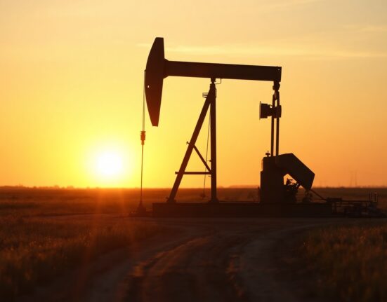 Oil pump jack in an open field at sunset, representing WTI crude price movements amid US-Iran tensions.