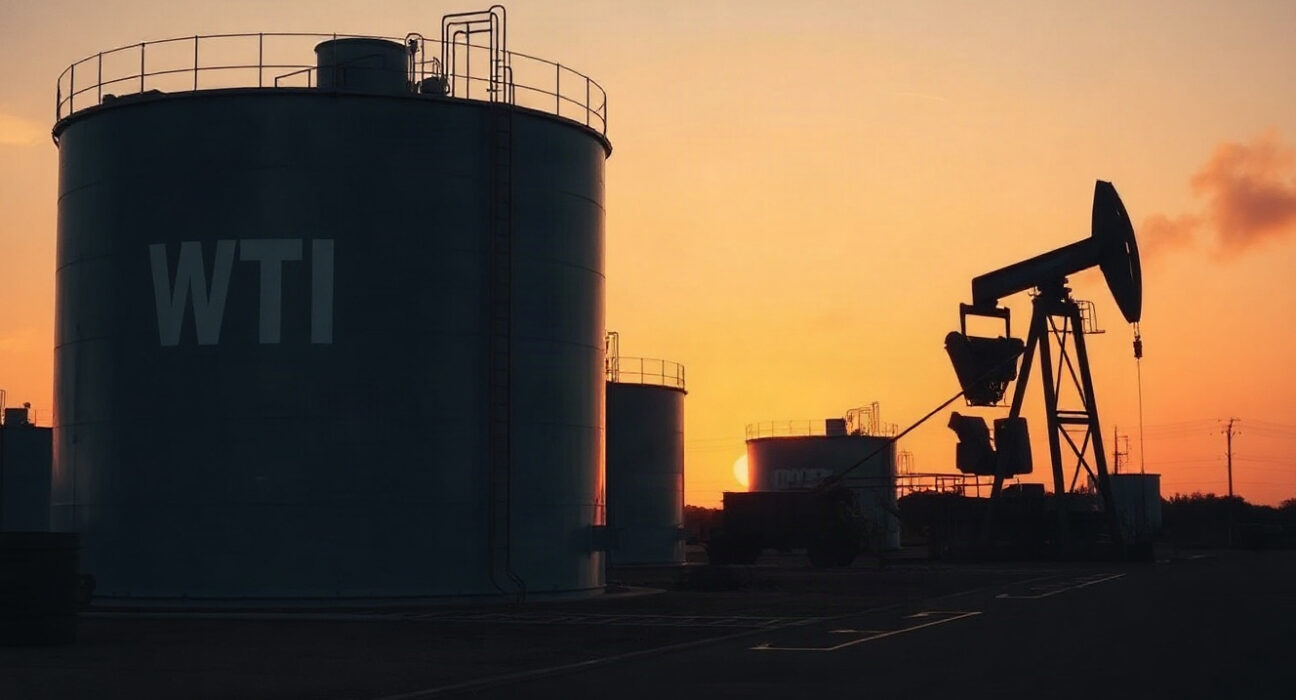 WTI crude oil storage tanks at an oil facility during dusk, reflecting supply concerns amid geopolitical tensions.