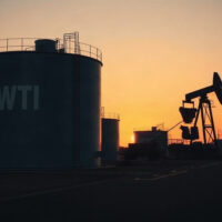 WTI crude oil storage tanks at an oil facility during dusk, reflecting supply concerns amid geopolitical tensions.