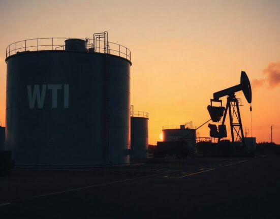 WTI crude oil storage tanks at an oil facility during dusk, reflecting supply concerns amid geopolitical tensions.