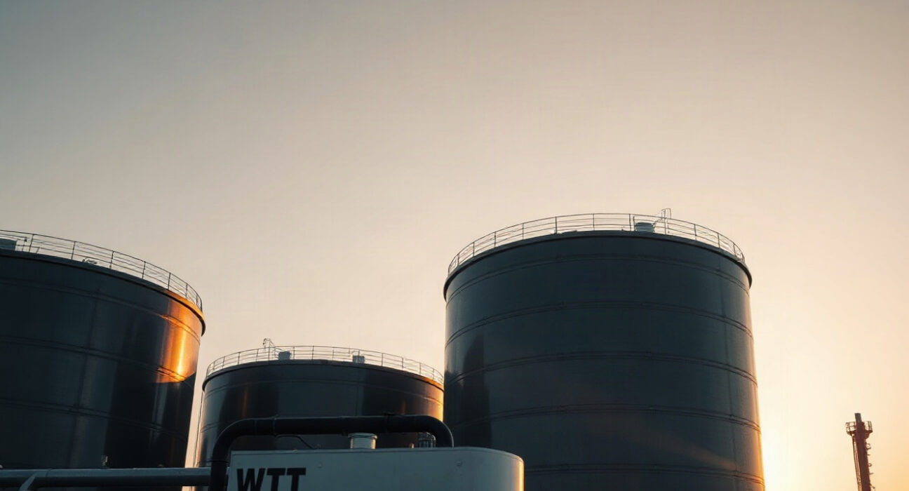 WTI crude oil storage tanks and pumping unit at dusk, reflecting market uncertainty