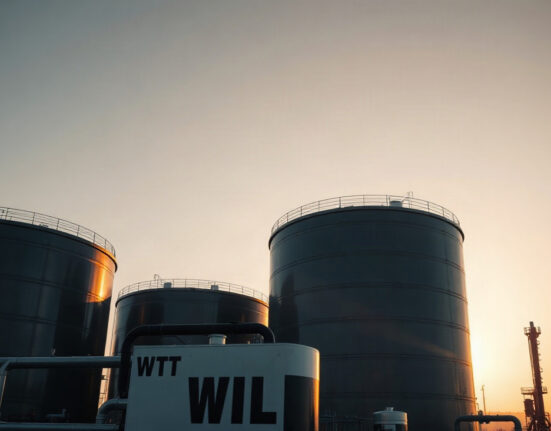 WTI crude oil storage tanks and pumping unit at dusk, reflecting market uncertainty