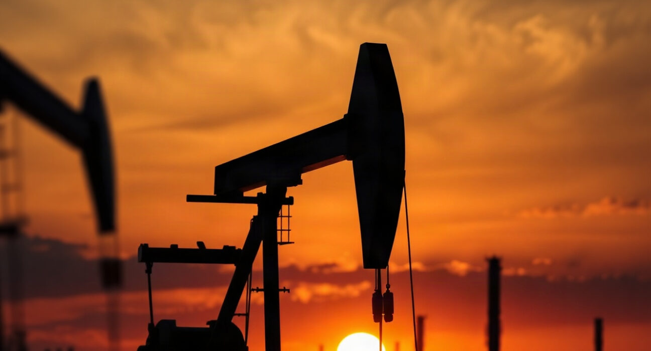Oil pumpjack silhouette at sunset with refinery in background