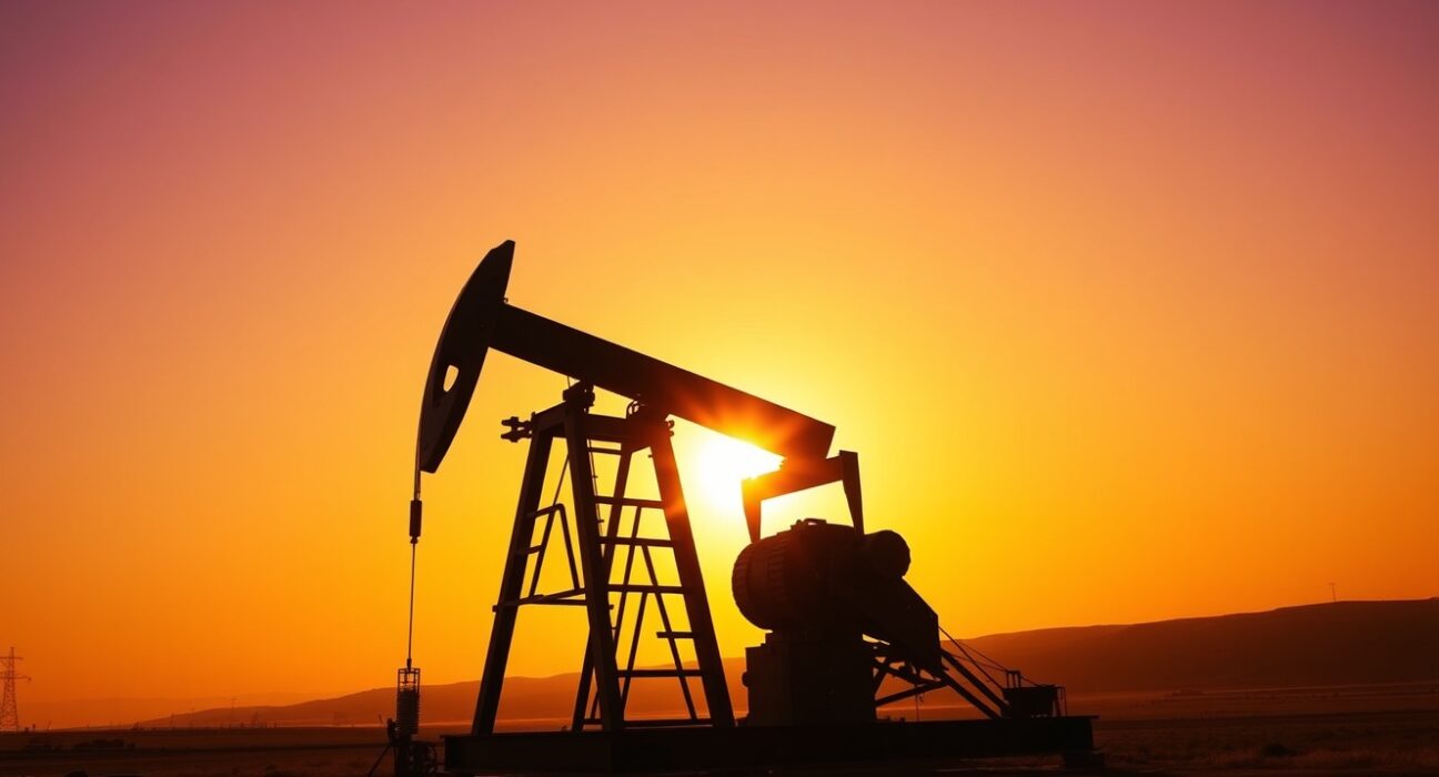 Oil pumpjack silhouetted against a sunset sky, representing WTI crude oil production and energy markets.