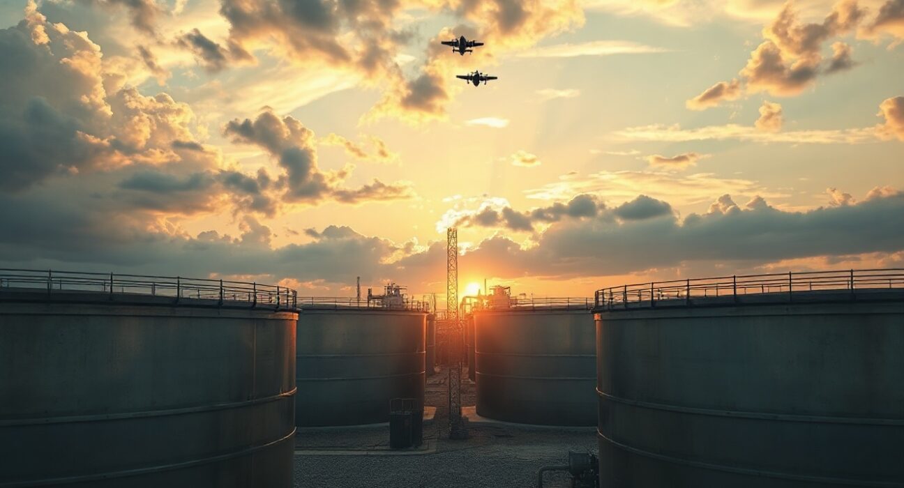 Oil storage tanks at sunset with military aircraft silhouettes in the distance, symbolizing geopolitical risk to crude supply.