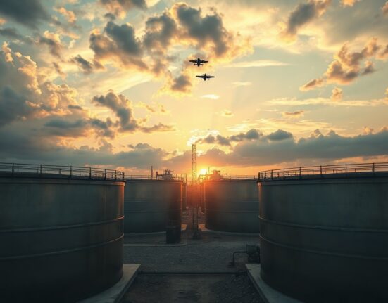 Oil storage tanks at sunset with military aircraft silhouettes in the distance, symbolizing geopolitical risk to crude supply.