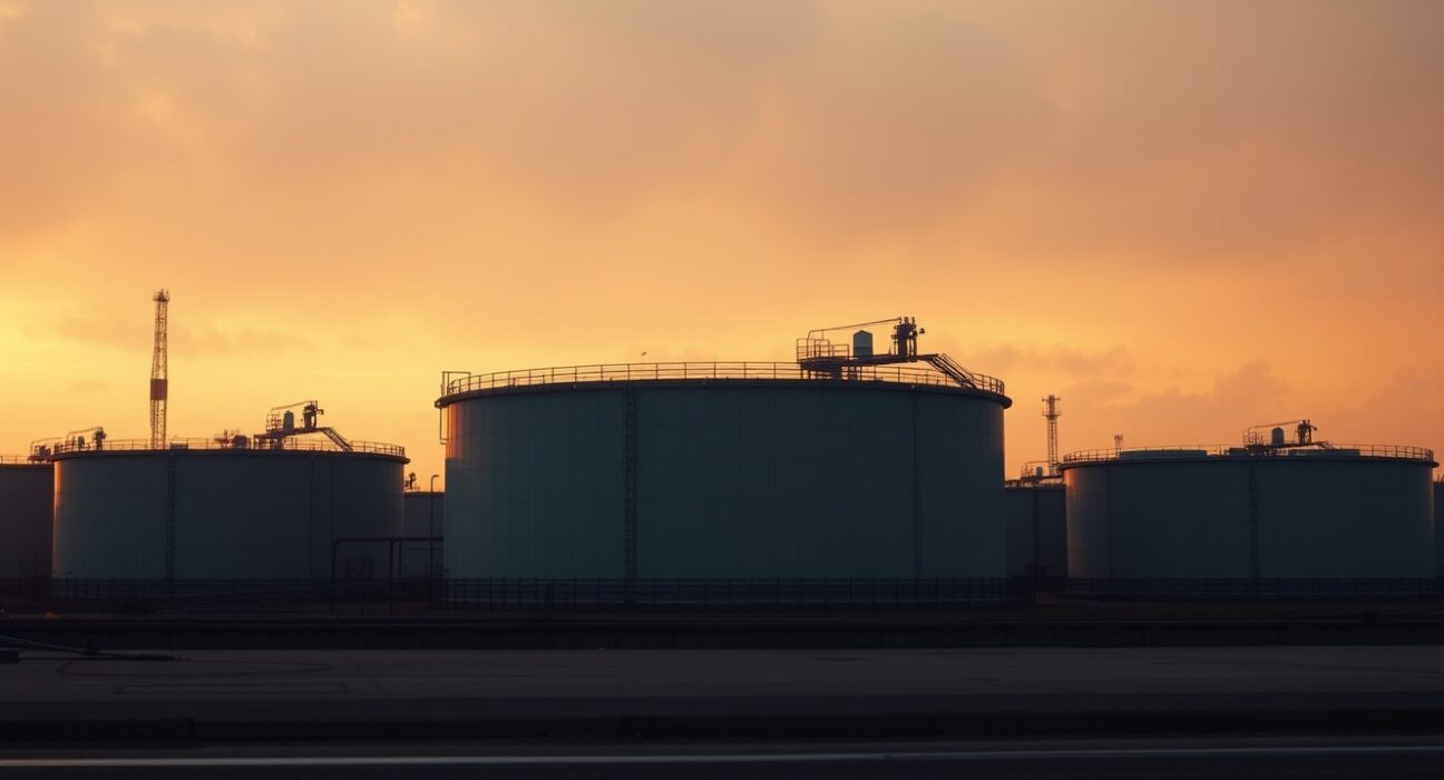 Crude oil storage tanks at sunset representing energy market volatility