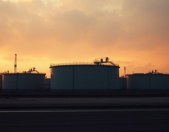 Crude oil storage tanks at sunset representing energy market volatility