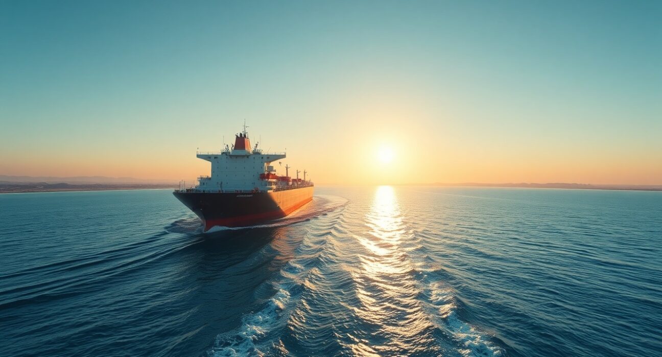 Oil tanker navigating the Strait of Hormuz at sunrise, representing eased supply disruption fears in global oil markets.