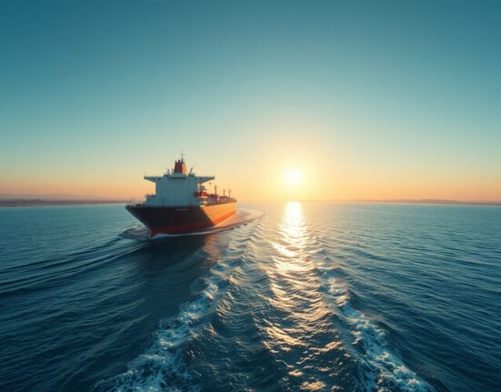 Oil tanker navigating the Strait of Hormuz at sunrise, representing eased supply disruption fears in global oil markets.