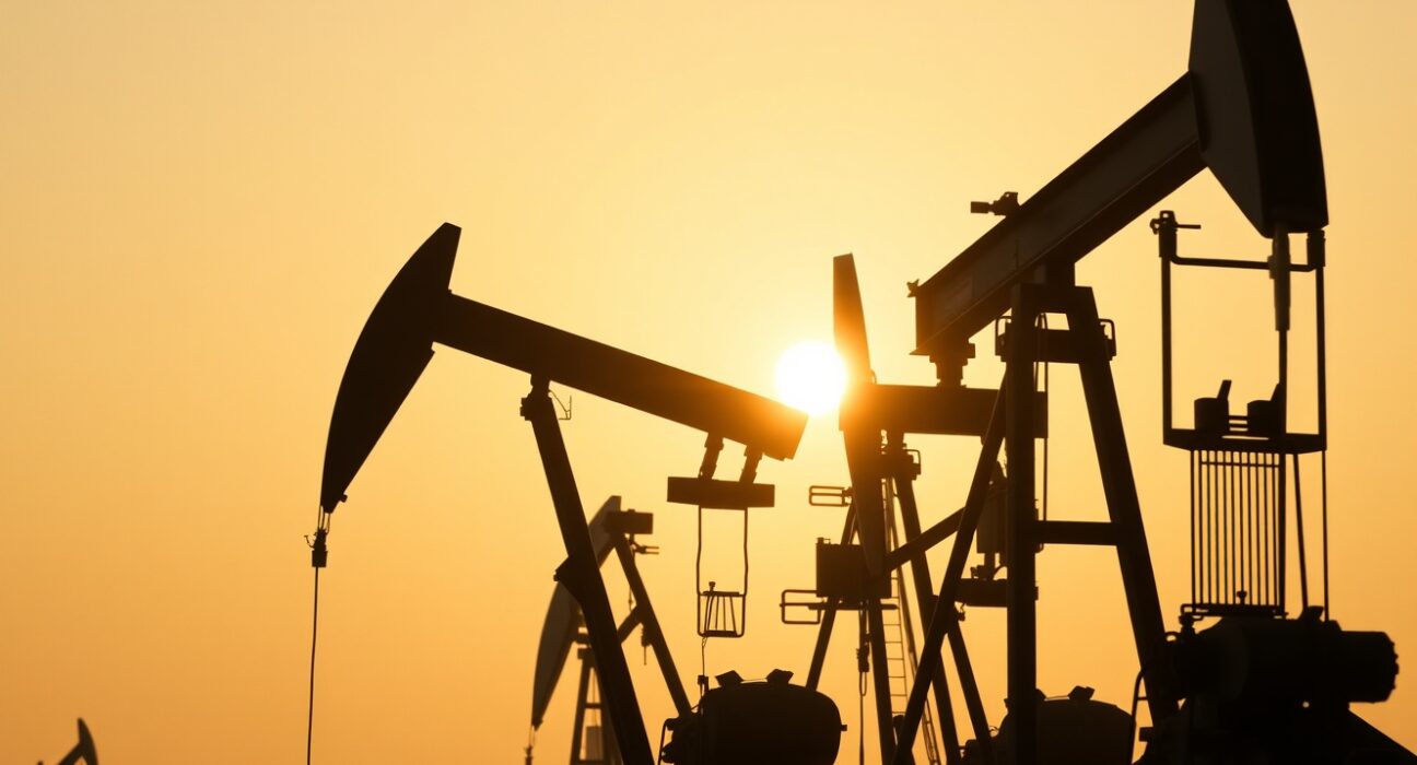 Oil pumpjacks silhouetted against a hazy sunset sky at a desert oil field, representing crude oil production.