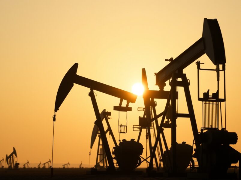 Oil pumpjacks silhouetted against a hazy sunset sky at a desert oil field, representing crude oil production.