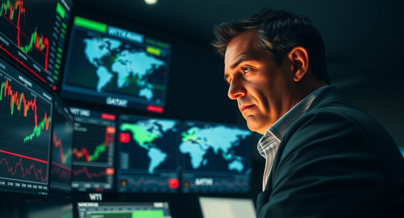 Trader monitoring WTI crude oil price charts amid US-Iran nuclear negotiations in Doha