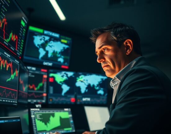 Trader monitoring WTI crude oil price charts amid US-Iran nuclear negotiations in Doha