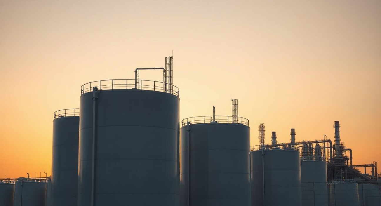 Crude oil storage tanks at sunset, representing WTI oil prices near $70.