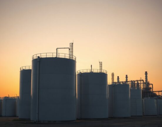 Crude oil storage tanks at sunset, representing WTI oil prices near $70.