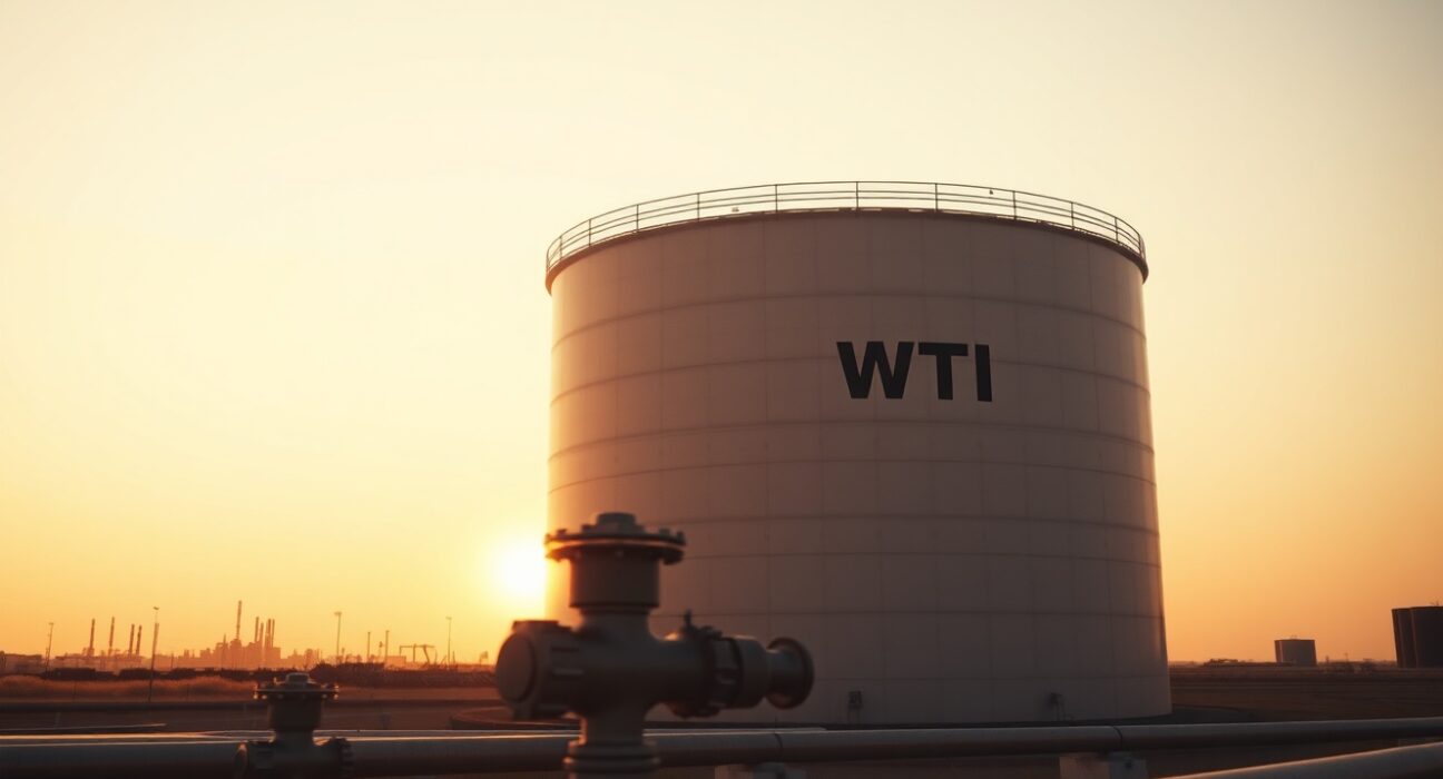 WTI crude oil storage tanks at sunset, symbolizing oil market stability amid Middle East diplomacy
