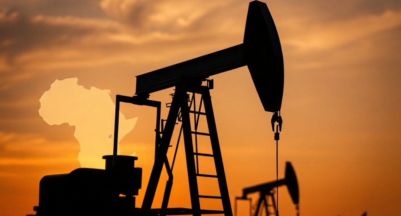 WTI crude oil pump jack silhouette at dusk with Middle East map overlay indicating supply route risk