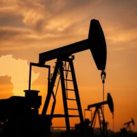 WTI crude oil pump jack silhouette at dusk with Middle East map overlay indicating supply route risk