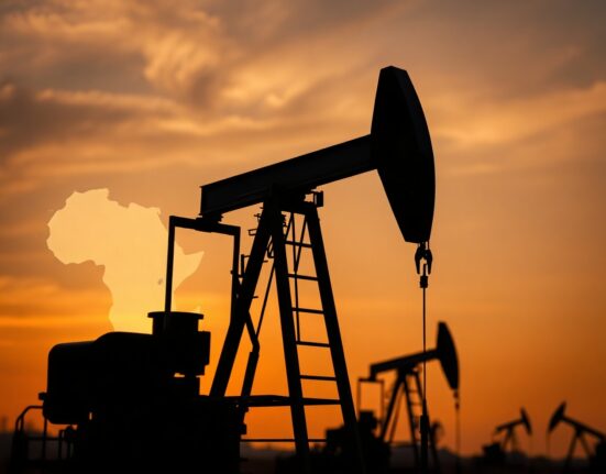 WTI crude oil pump jack silhouette at dusk with Middle East map overlay indicating supply route risk