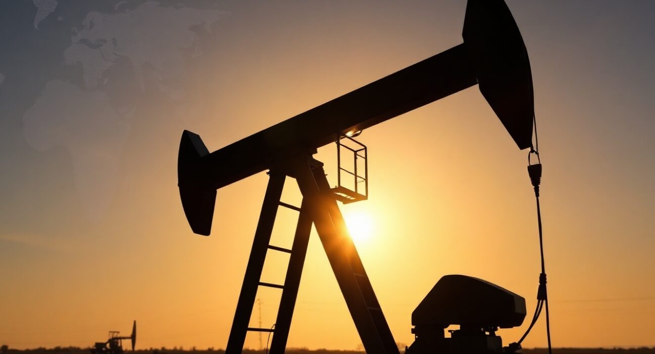 Oil pumpjack silhouetted at sunset, representing WTI crude price movements amid stalled US-Iran nuclear talks.