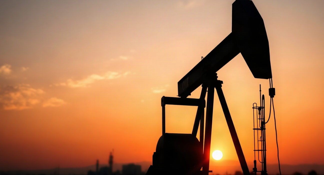 Oil pumpjack silhouette at sunset representing crude oil supply and geopolitical risks