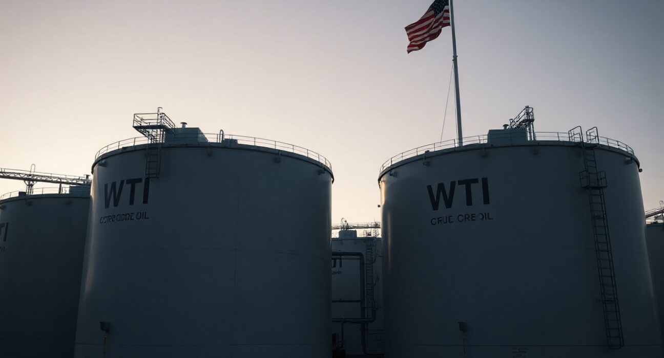 WTI crude oil storage tanks at dusk with an American flag in the background, symbolizing geopolitical oil market tensions.