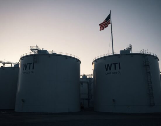 WTI crude oil storage tanks at dusk with an American flag in the background, symbolizing geopolitical oil market tensions.