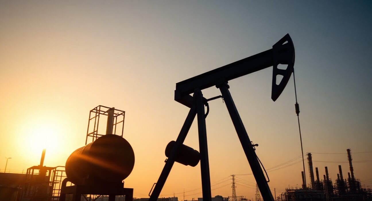 Crude oil pumpjack silhouetted against sunset with refinery in background