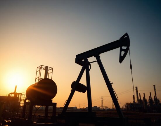 Crude oil pumpjack silhouetted against sunset with refinery in background