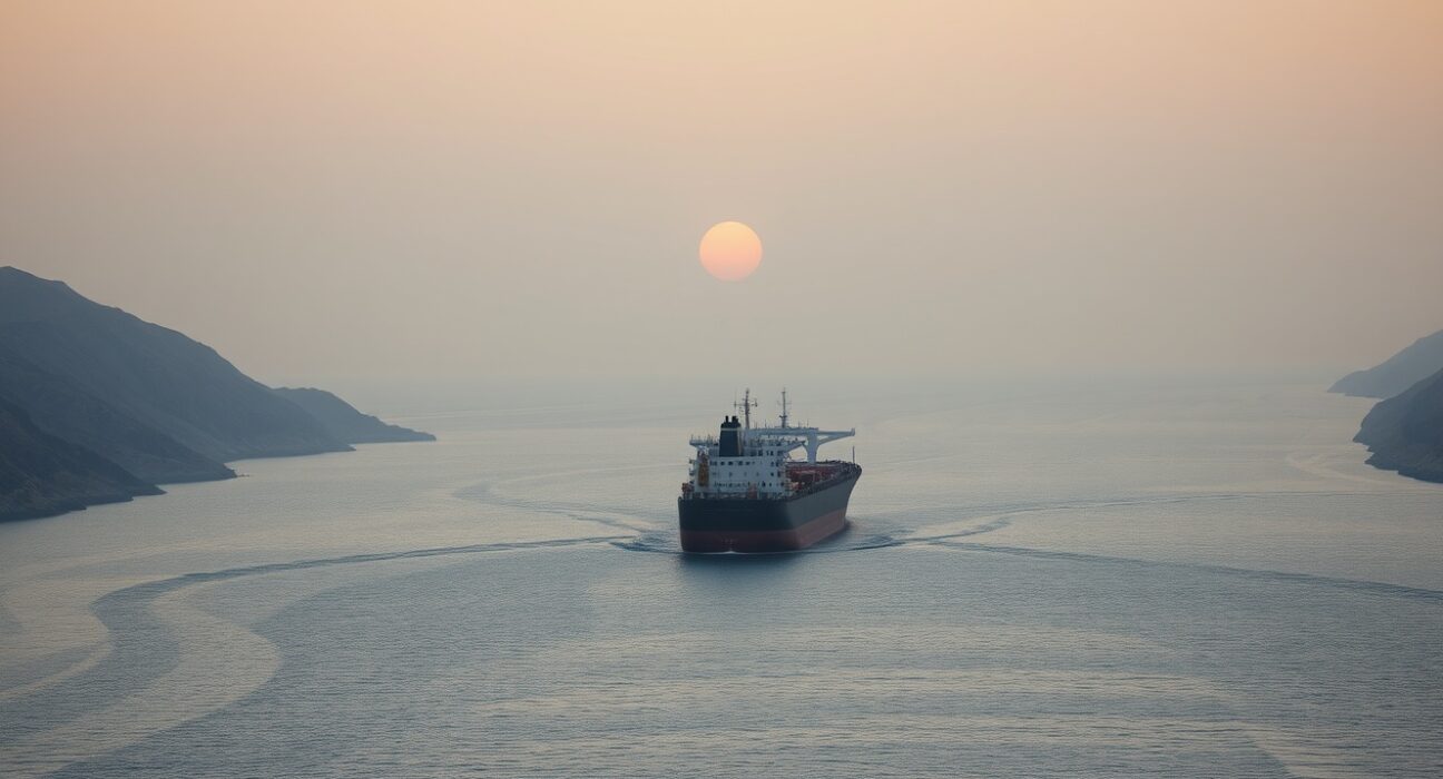 WTI crude oil tanker navigating the Strait of Hormuz amid geopolitical tensions and supply concerns