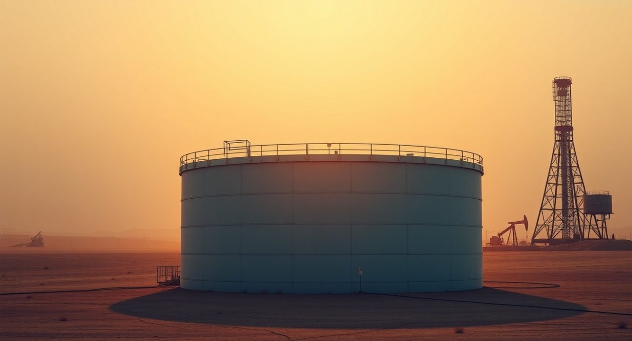 WTI crude oil storage tanks at sunset, illustrating supply concerns from US Iran blockade extension