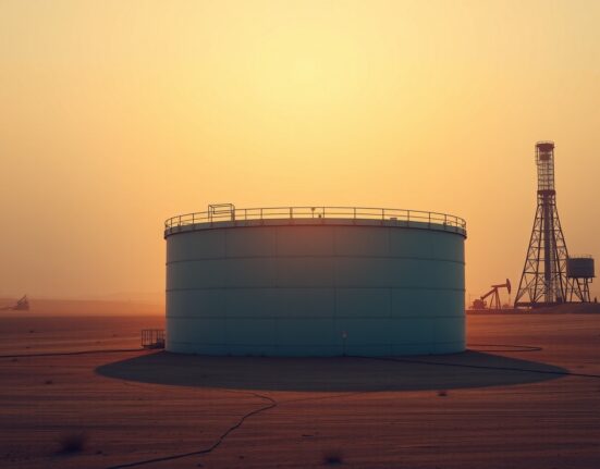WTI crude oil storage tanks at sunset, illustrating supply concerns from US Iran blockade extension