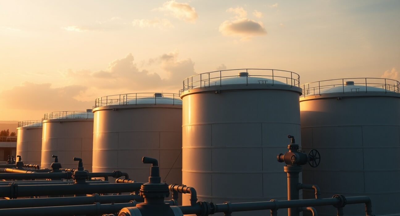 Oil storage tanks at sunset with hazy horizon, representing geopolitical tension in energy markets.