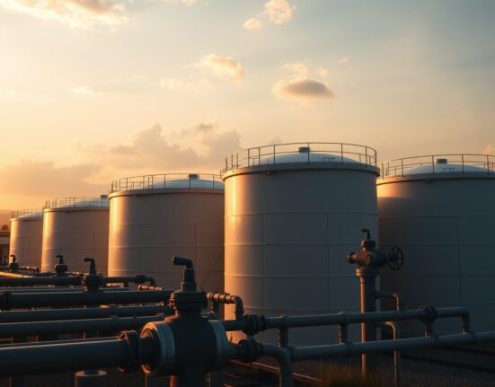 Oil storage tanks at sunset with hazy horizon, representing geopolitical tension in energy markets.
