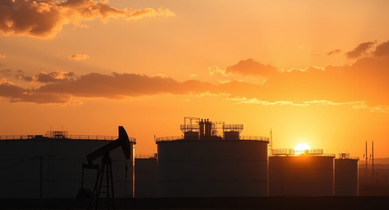 Crude oil storage tanks and pumpjack at sunset with Middle Eastern skyline, representing WTI price surge amid geopolitical tensions.
