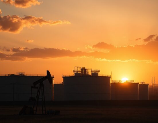 Crude oil storage tanks and pumpjack at sunset with Middle Eastern skyline, representing WTI price surge amid geopolitical tensions.