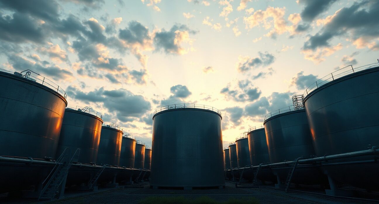 Crude oil storage tanks at an industrial facility during golden hour lighting.
