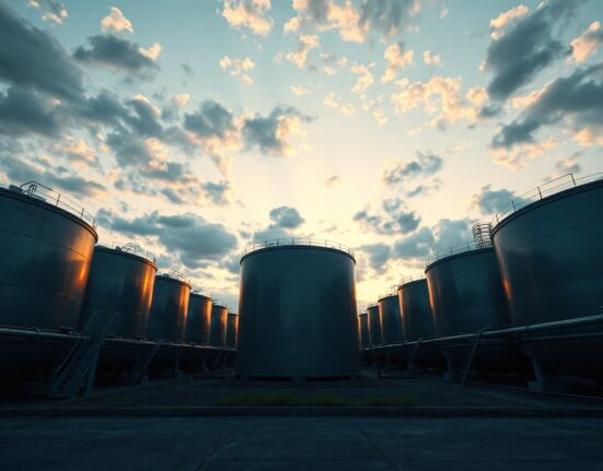 Crude oil storage tanks at an industrial facility during golden hour lighting.