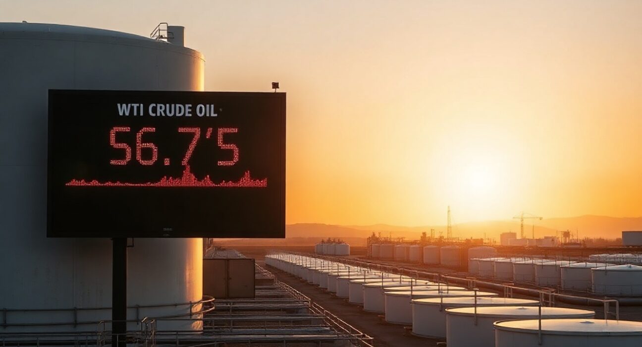 WTI crude oil price display at $67.50 with oil storage tanks in background at sunset