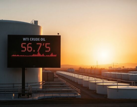 WTI crude oil price display at $67.50 with oil storage tanks in background at sunset