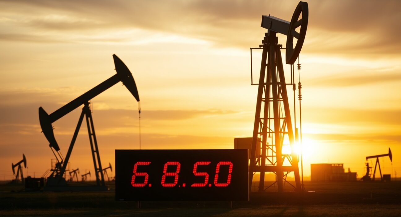 Oil pumpjack silhouette with WTI price display showing $68.50 at sunset