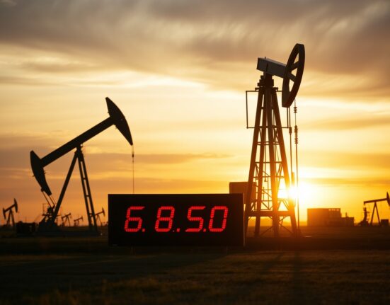 Oil pumpjack silhouette with WTI price display showing $68.50 at sunset