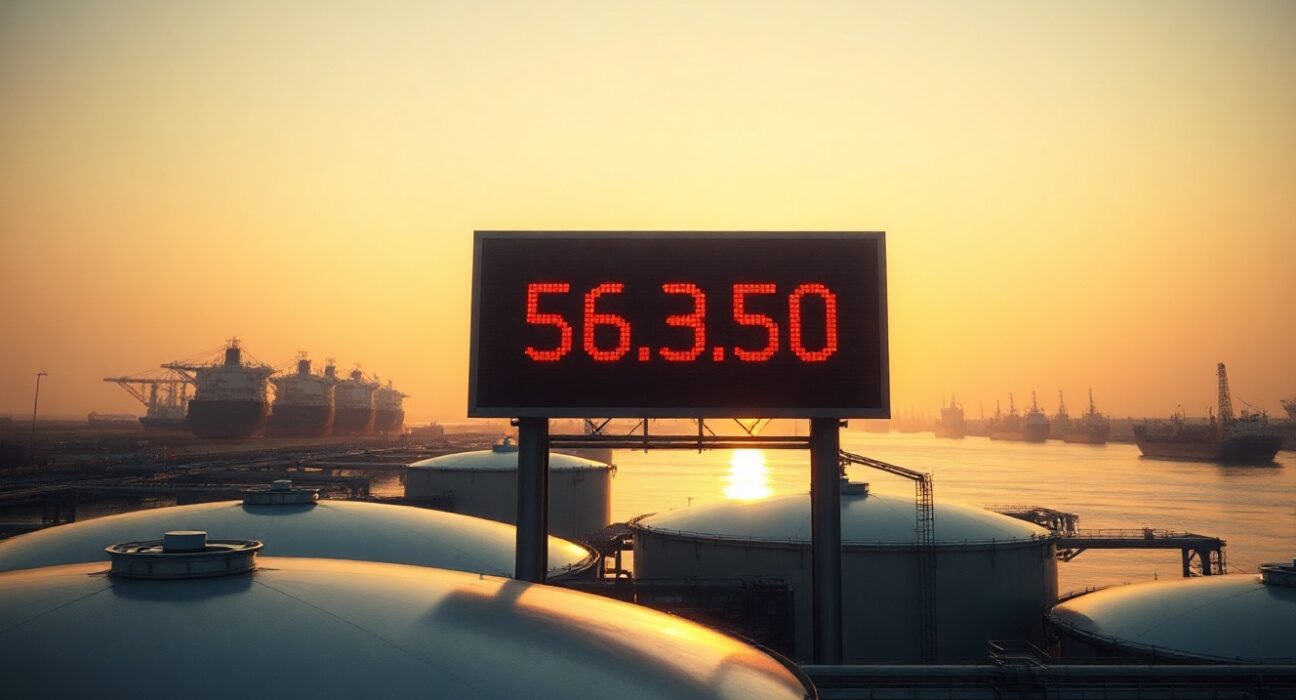 WTI crude oil price display showing below $70 at a tank farm with oil tankers in background
