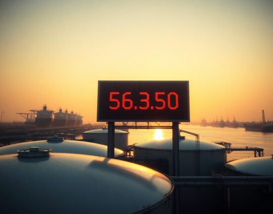 WTI crude oil price display showing below $70 at a tank farm with oil tankers in background