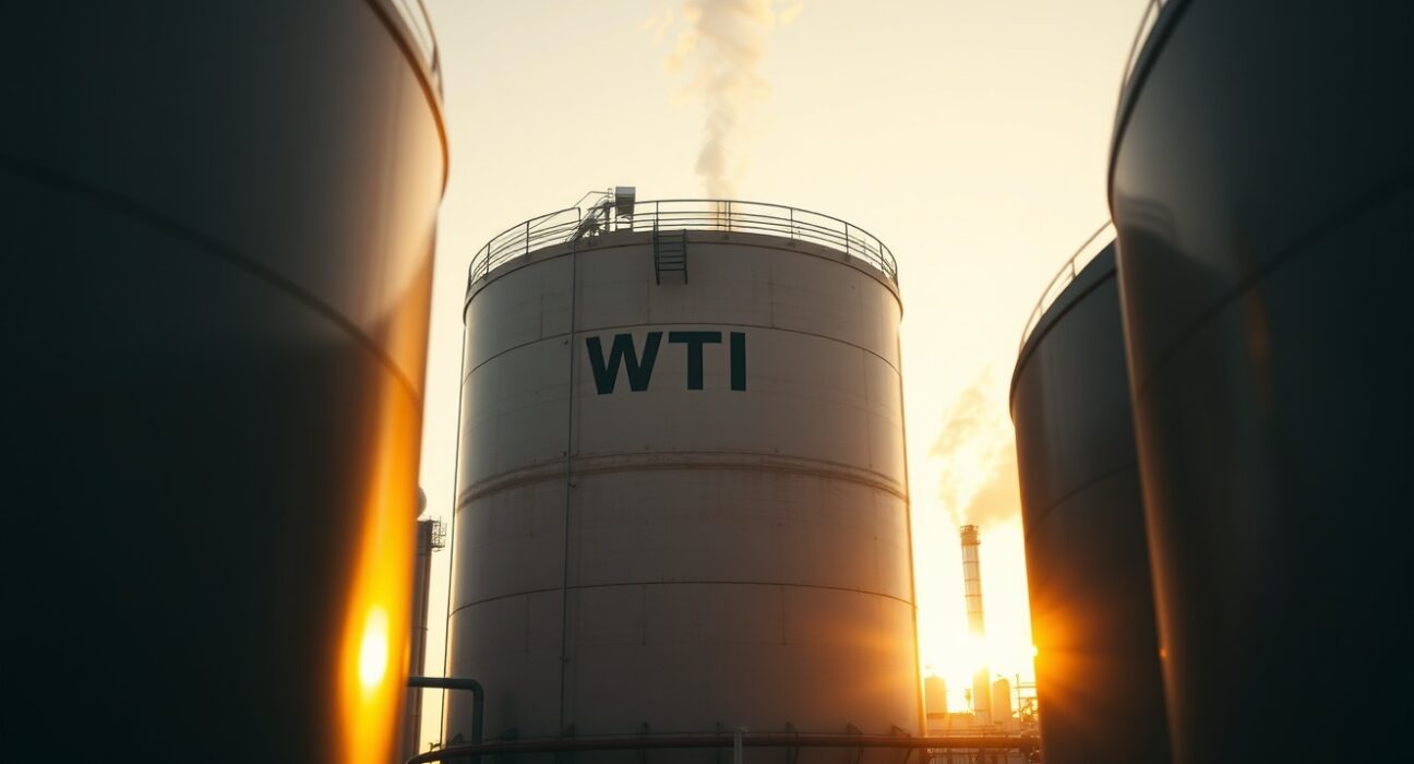 WTI crude oil storage tanks at an industrial facility during twilight