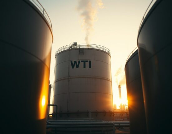 WTI crude oil storage tanks at an industrial facility during twilight
