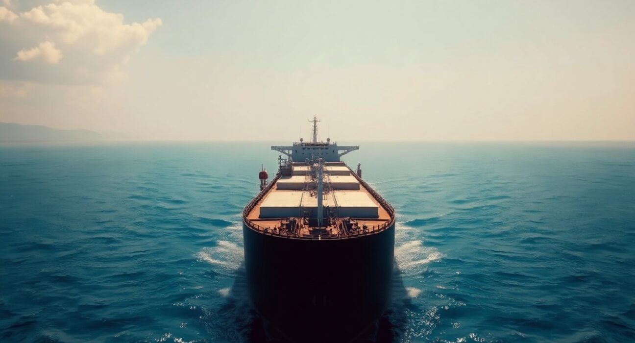 Oil tanker navigating the Strait of Hormuz under calm skies, representing eased supply disruption fears.